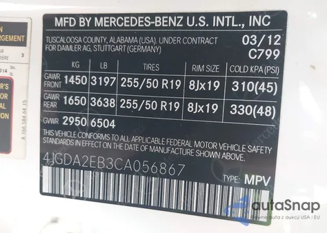 2012 Mercedes-Benz Ml 350 Bluetec 4Matic z USA, uszkodzony, nr VIN 4JGDA2EB3CA056867